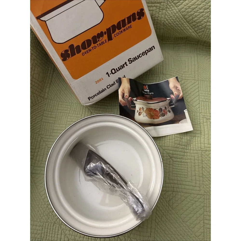 Vtg Show Pans 1 Qt Saucepan Orange Floral Enamel Sanko ware new w/ Box Retro